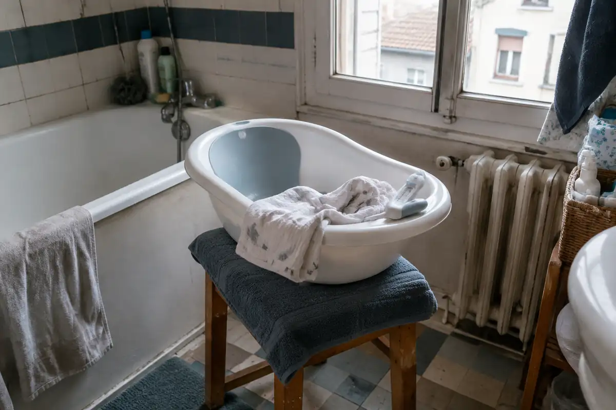 Un coin de salle de bain préparé pour le bain d'un nouveau-né : petit tub sur un tabouret, serviette, lange et thermomètre de bain